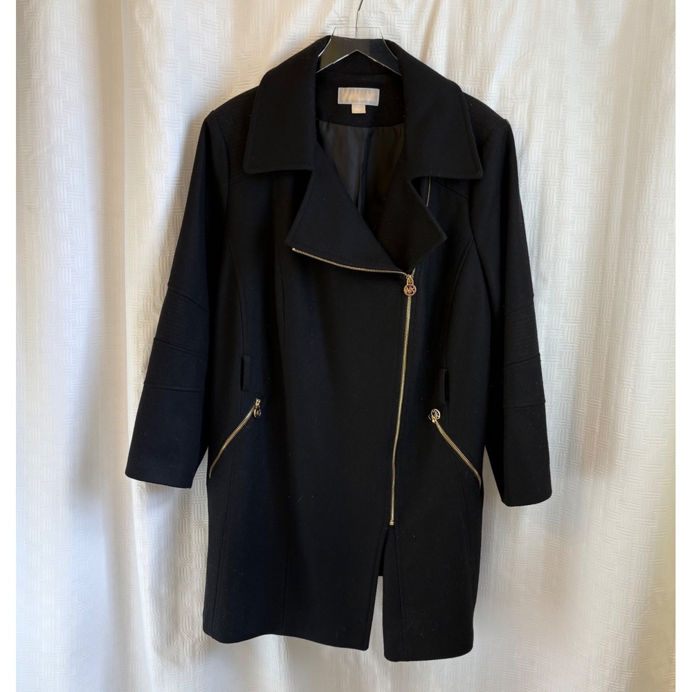 Michael Kors Womens Black Wool Blend Asymmetrical Zip Moto Coat Plus Size 2X